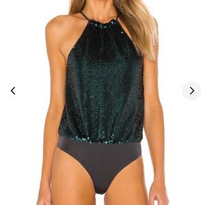 Lovers & Friends green sequin body suit